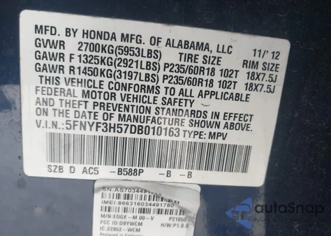 2013 Honda Pilot Ex-L from USA, damaged, VIN 5FNYF3H57DB010163